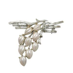 Vintage Signed Silver Tone Faux Pearl Thermoset Flower Grape Cluster Brooch Pin